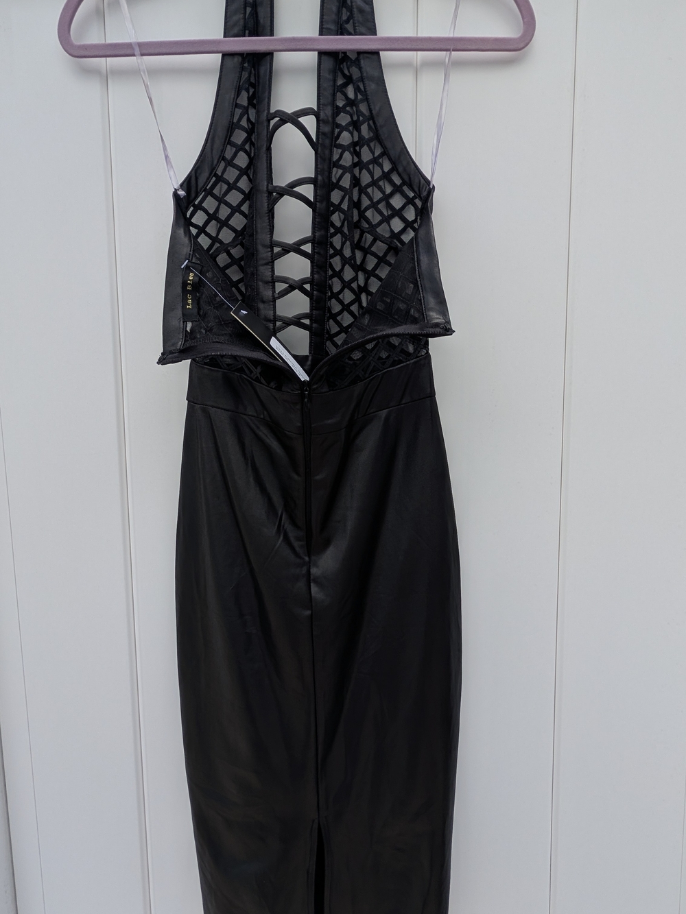 Black Backless Faux Leather Midi Dress with Lattice Bodice